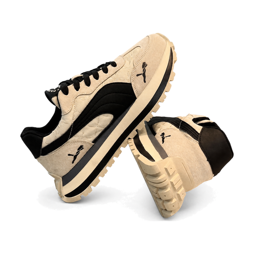 Men's Beige and Black Retro Running Sneakers - studio white background