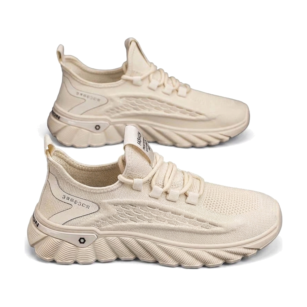 Men's Beige, Cream and Navy Mesh Casual Sneakers - studio white background