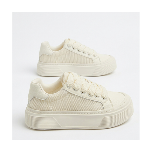 Men's Beige, Gray and Cream Mesh Platform Casual Sneakers - studio white background