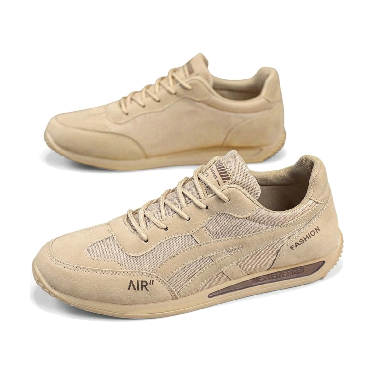 Men's Beige, Gray and Sage Green Mesh Retro Trainer Sneakers - studio white background