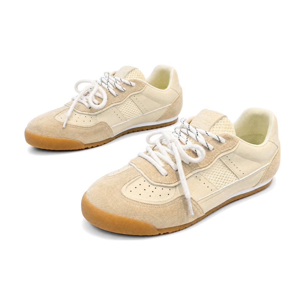 Men's Beige Retro Gum-Sole Trainer Sneakers - studio white background
