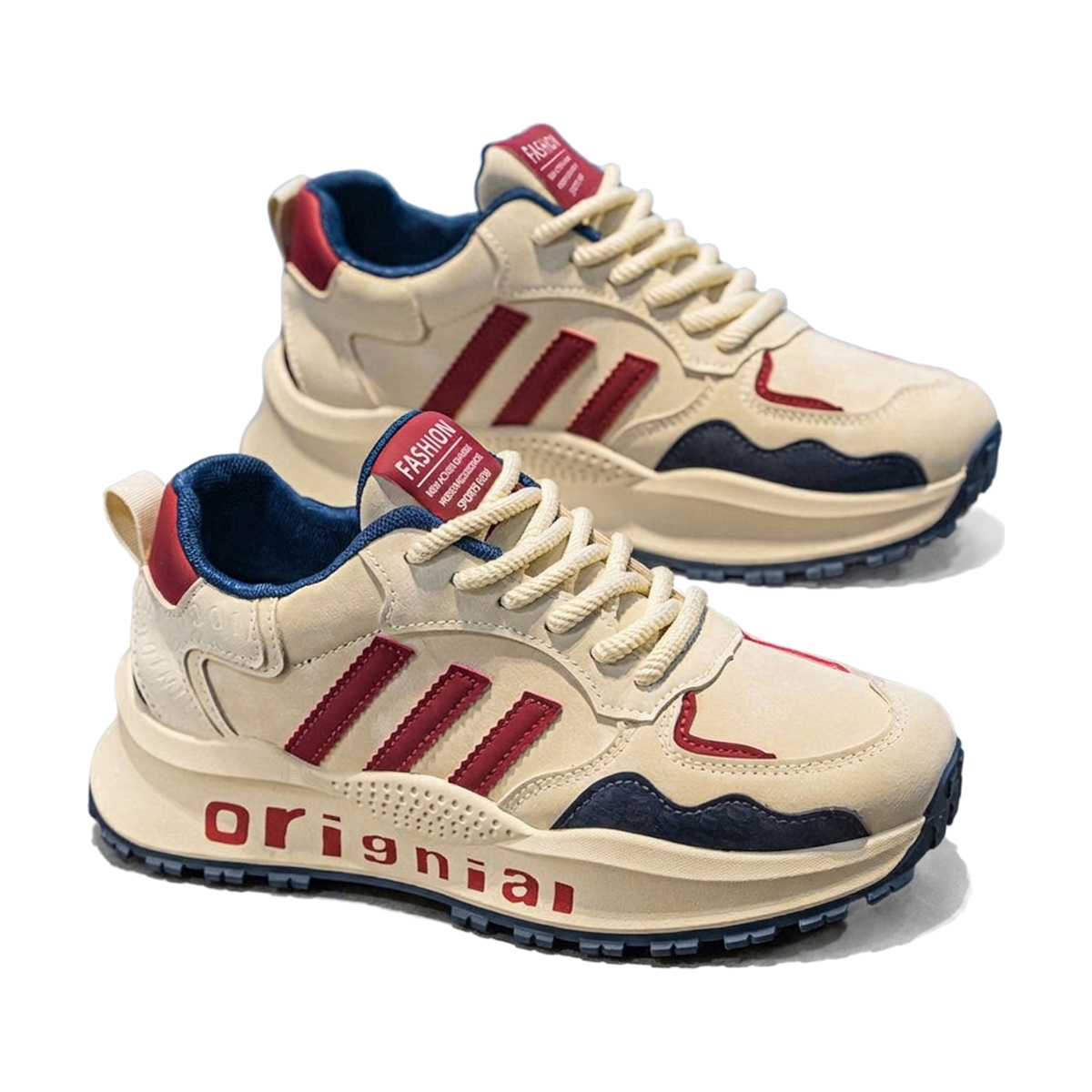 Men's Beige, Sage Green and Silver Running Sneakers - studio white background