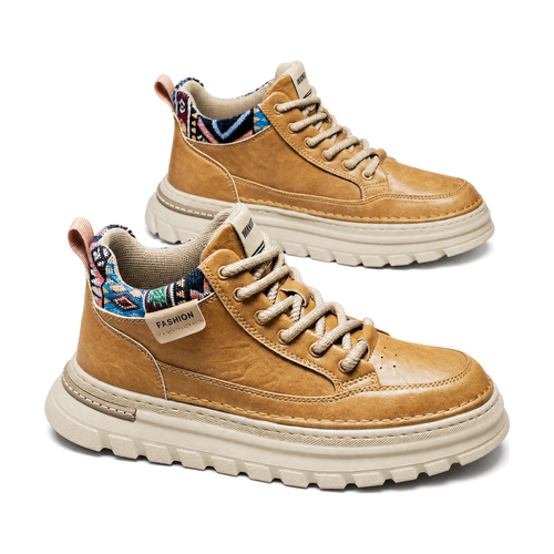 Men's Beige, Tan and Brown Platform High-Top Boots - studio white background