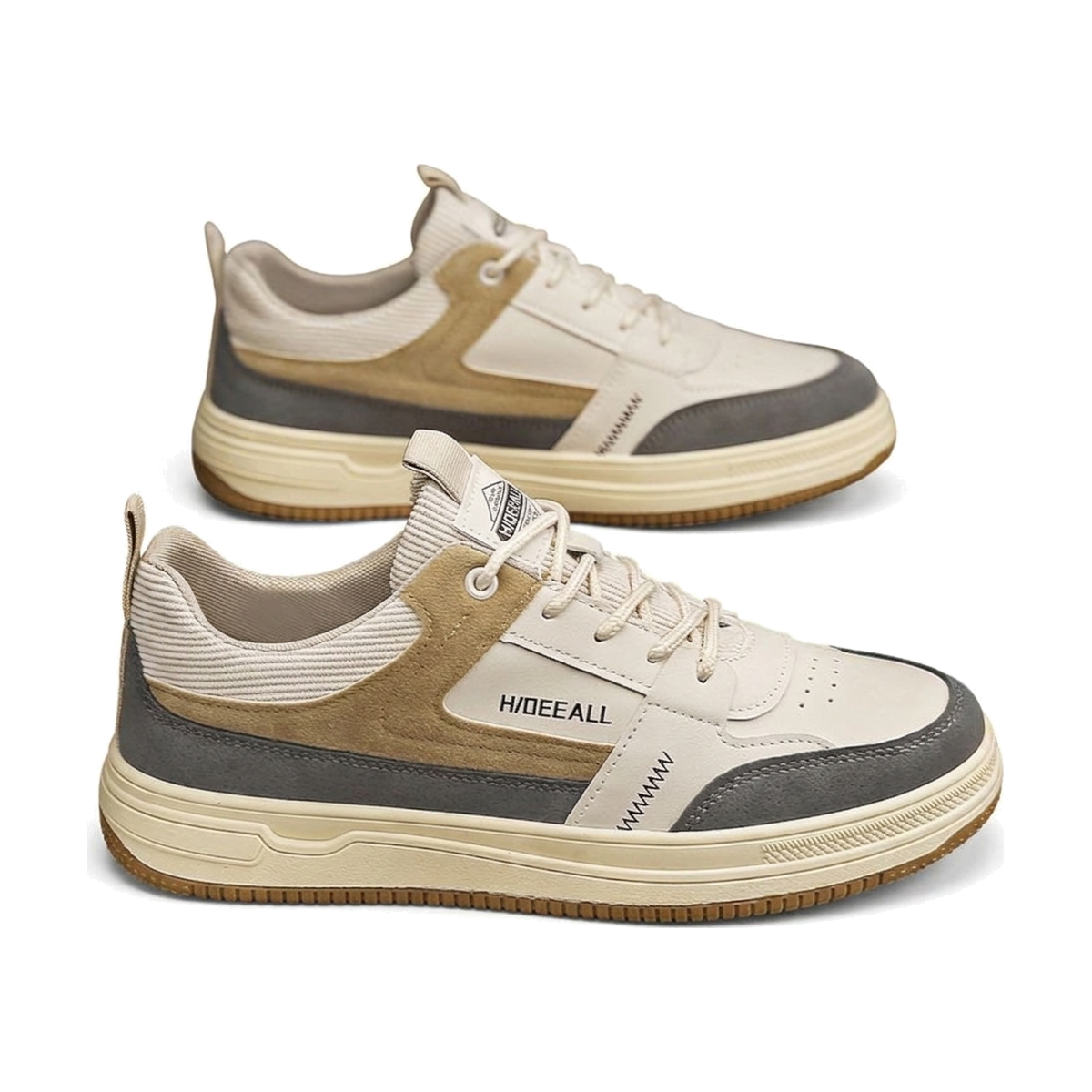 Men's Beige, Tan and Brown Retro Retro Trainer Sneakers - studio white background