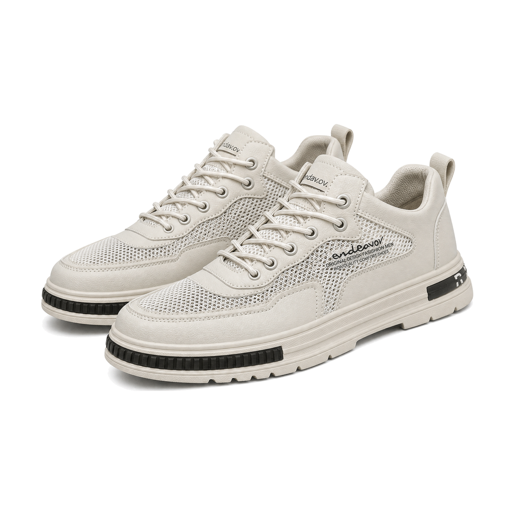 Men's Beige, Tan and Silver Mesh Platform Casual Sneakers - studio white background
