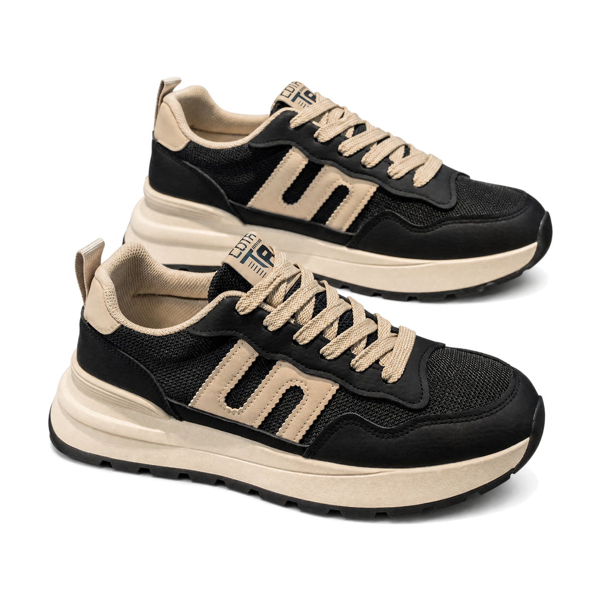 Men's Black and Beige Mesh Platform Sneakers - studio white background