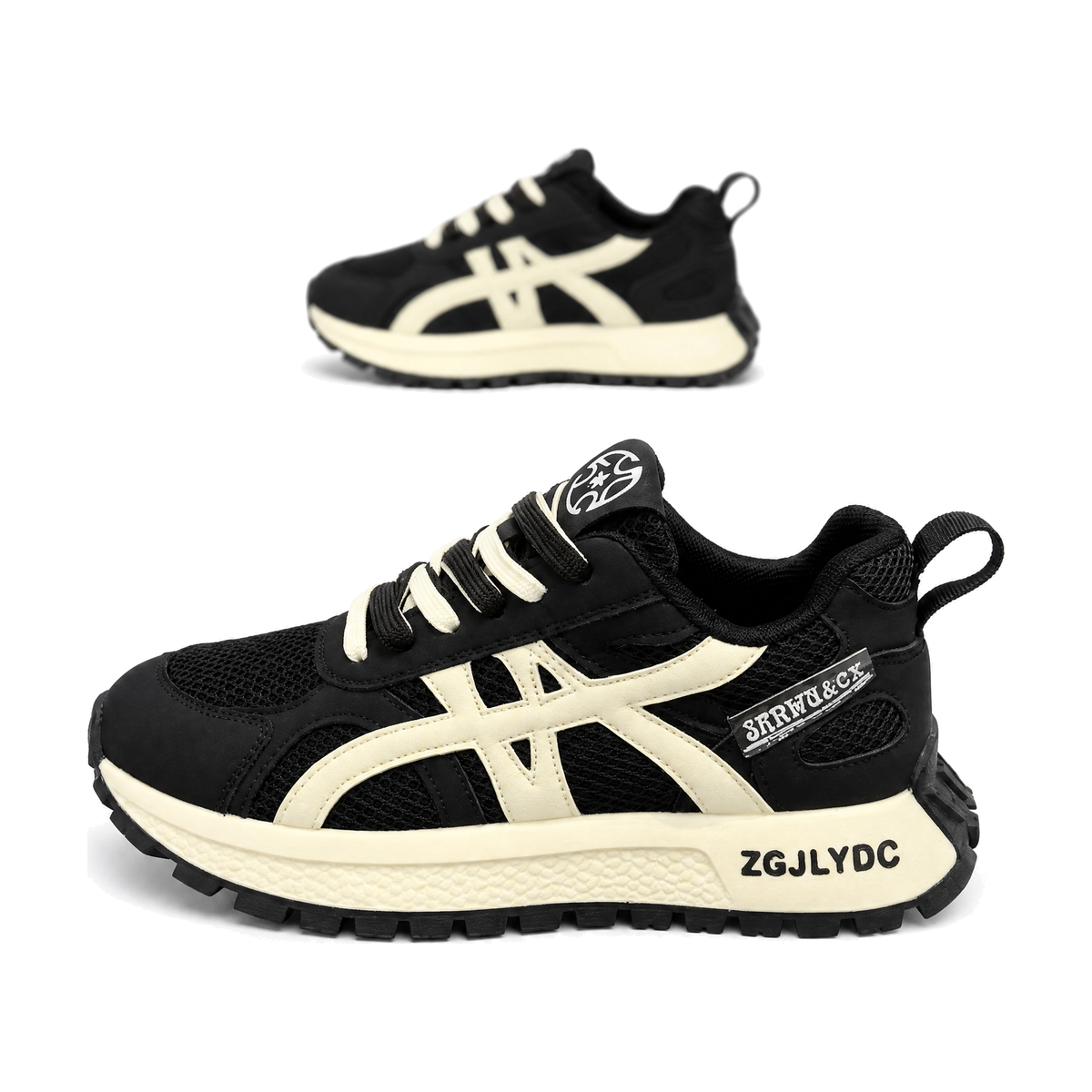 Men's Black and Beige Retro Running Sneakers - studio white background