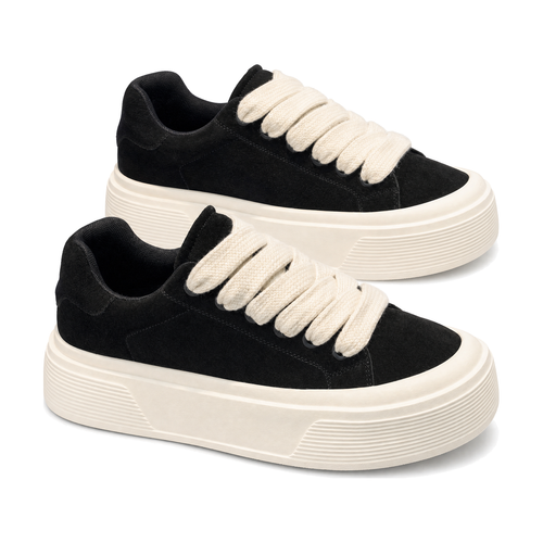 Men's Black and Cream Platform Canvas Sneakers - studio white background