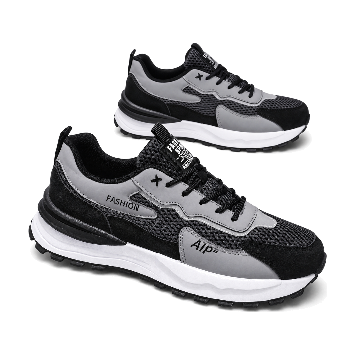 Men's Black and Gray Platform Athletic Sneakers - studio white background