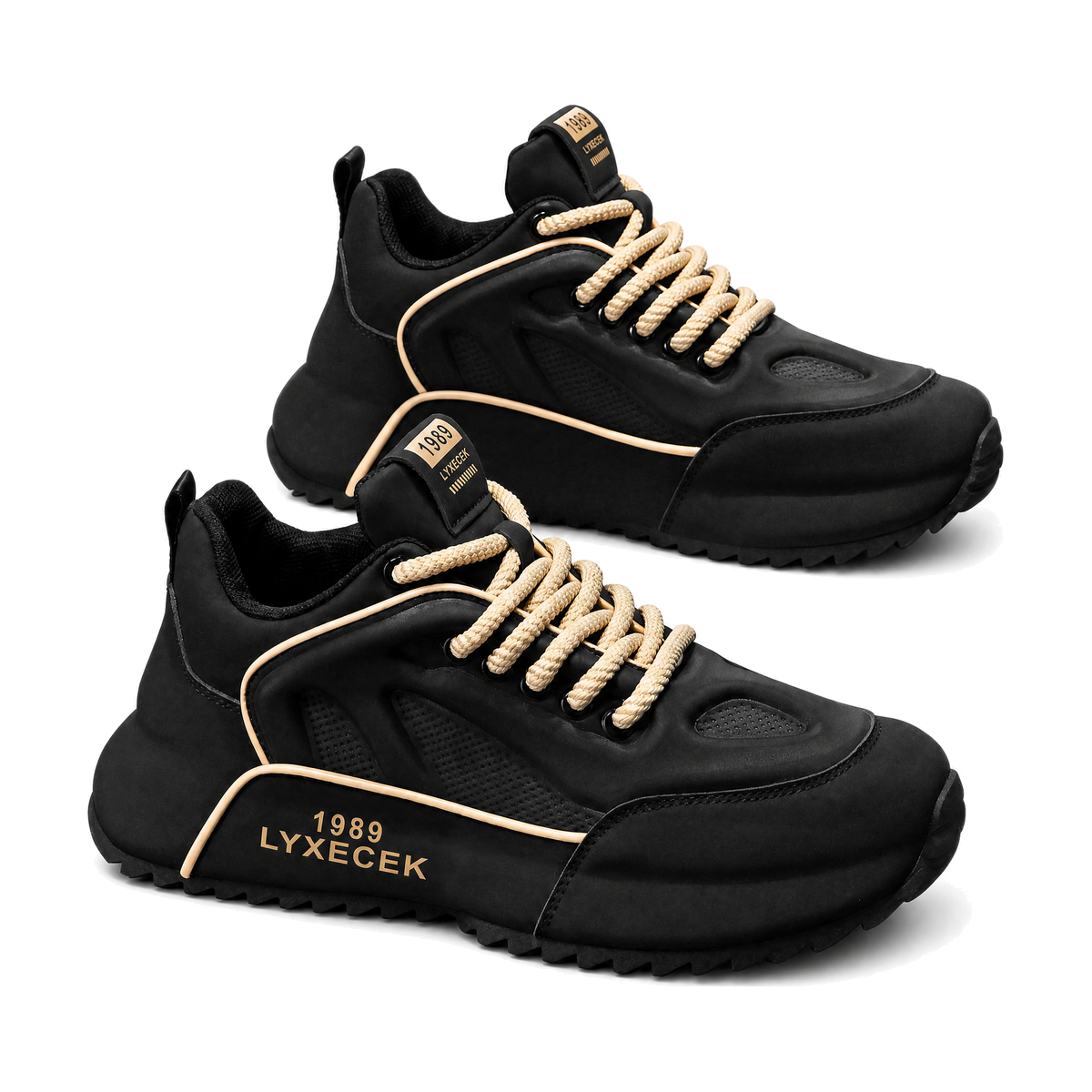 Men's Black, Cream and Silver Platform Running Sneakers - studio white background