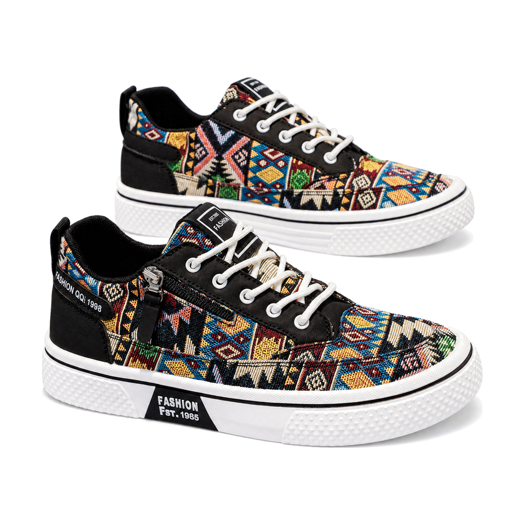 Men's Black Multi-Color Printed Canvas Sneakers - studio white background
