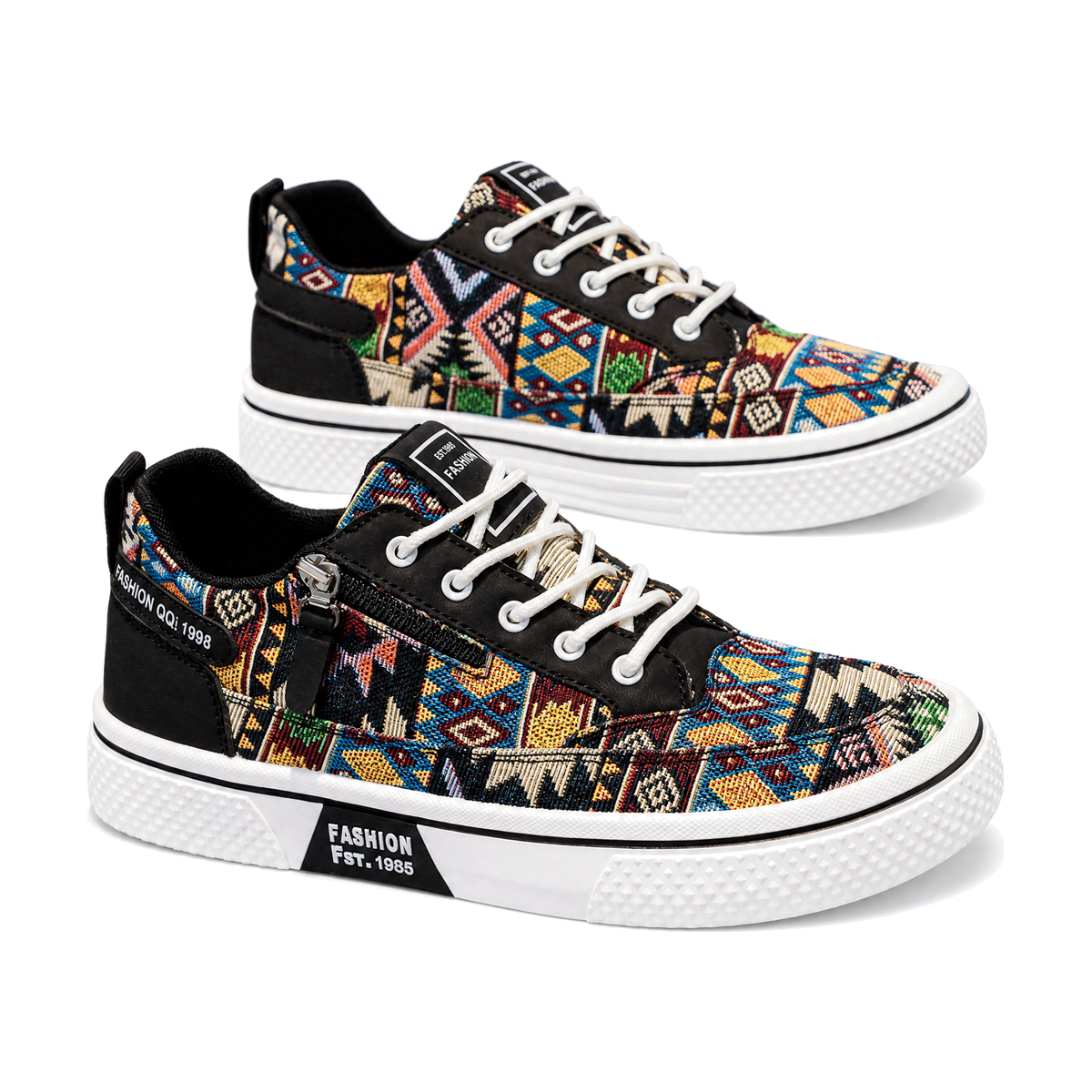 Men's Black Multi-Color Printed Canvas Sneakers - studio white background