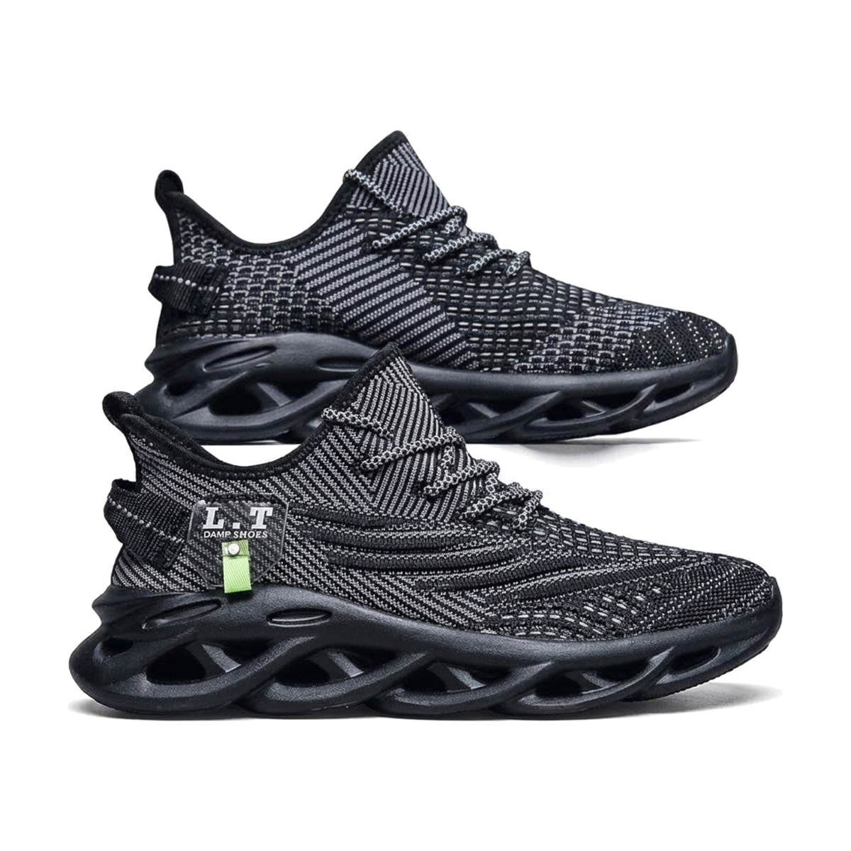 Men's Black, Navy and Green Mesh Running Sneakers - studio white background