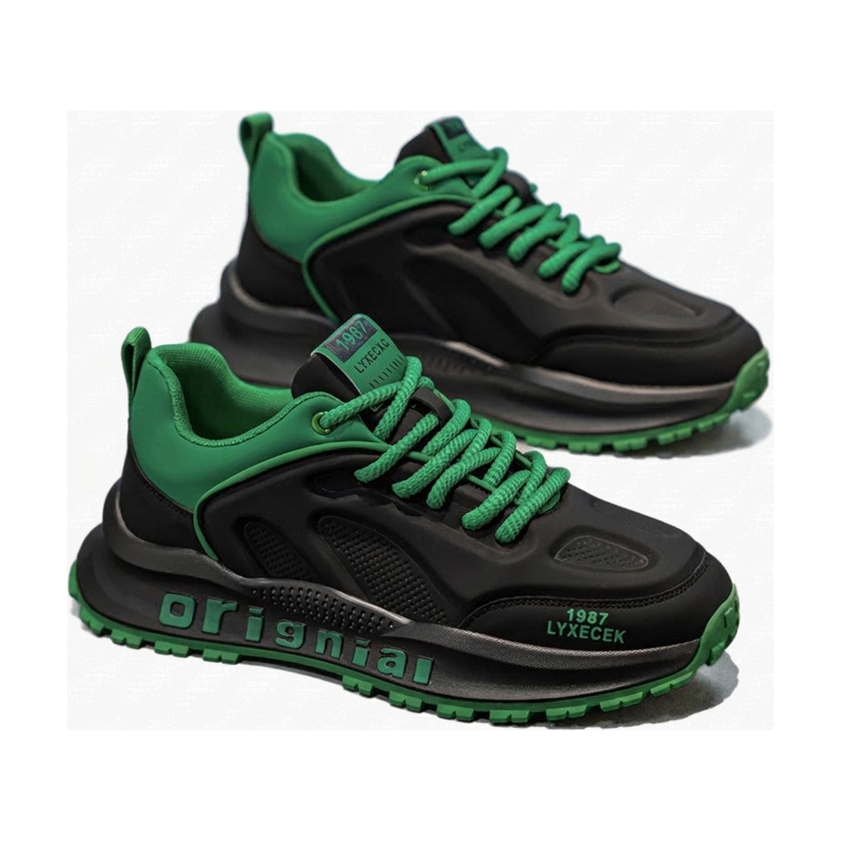 Men's Black, Silver and Green Platform Running Sneakers - studio white background