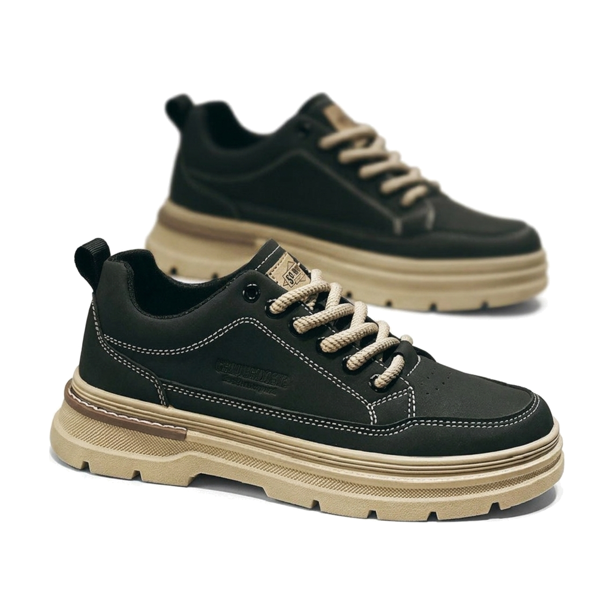 Men's Black, Tan and Olive Retro Trainer Sneakers - studio white background