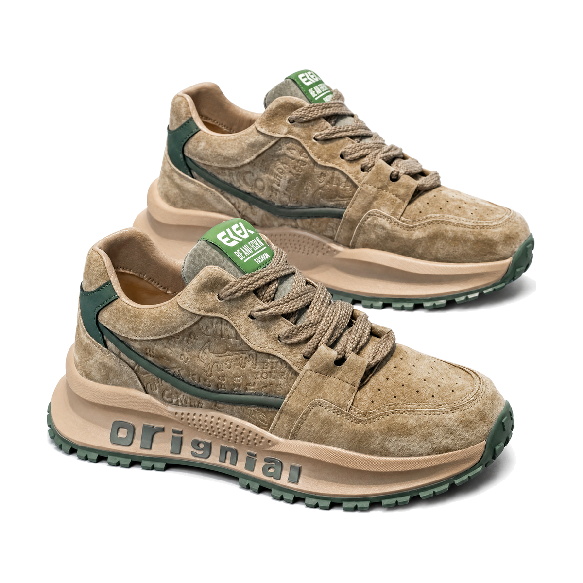 Men's Brown and Green Chunky Platform Sneakers - studio white background
