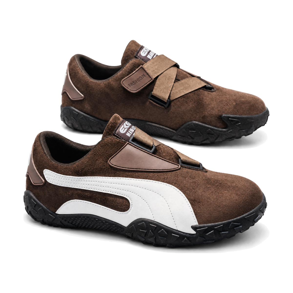 Men's Brown and White Strap Retro Sneakers - studio white background