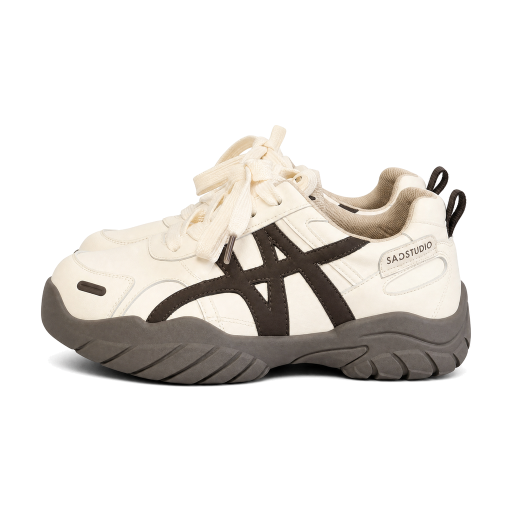 Men's Brown, Tan and Beige Platform Retro Trainer Sneakers - studio white background