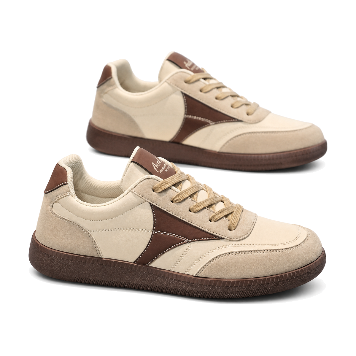 Men's Cream and Brown Retro Trainer Sneakers - studio white background