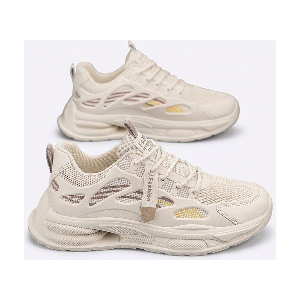 Men's Cream, Beige and Gray Mesh Platform Running Sneakers - studio white background