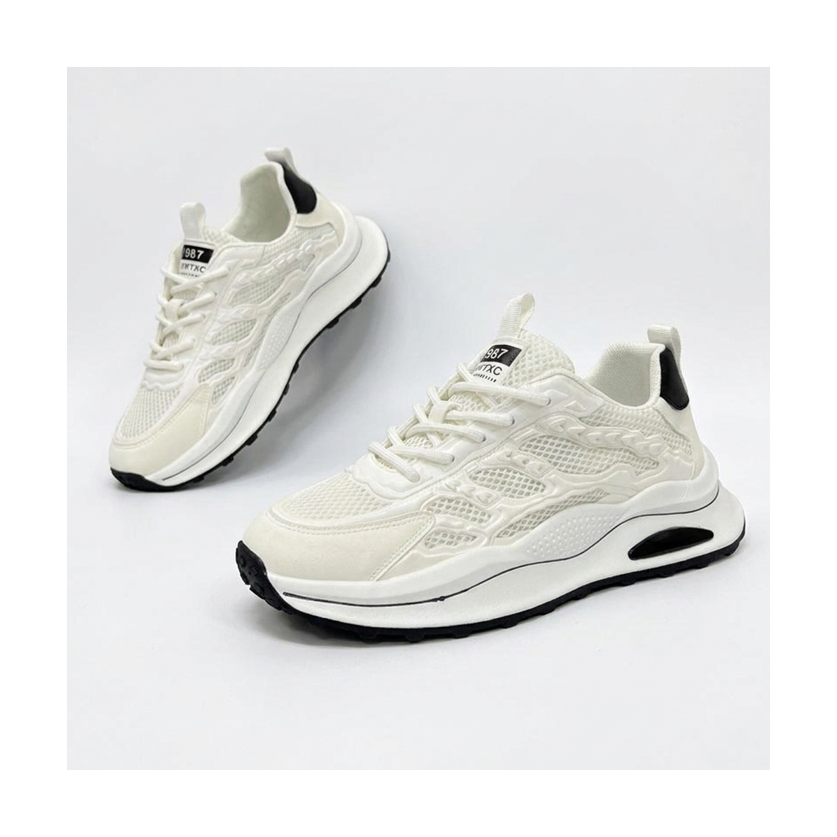 Men's Cream, Gray and Green Mesh Casual Sneakers - studio white background