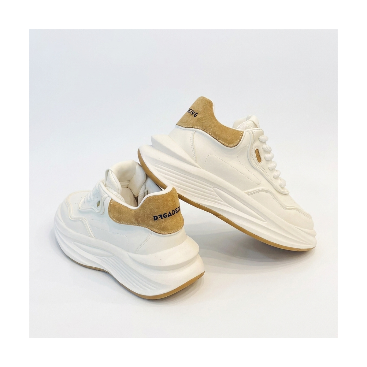 Men's Cream, Navy and Black Platform Running Sneakers - studio white background