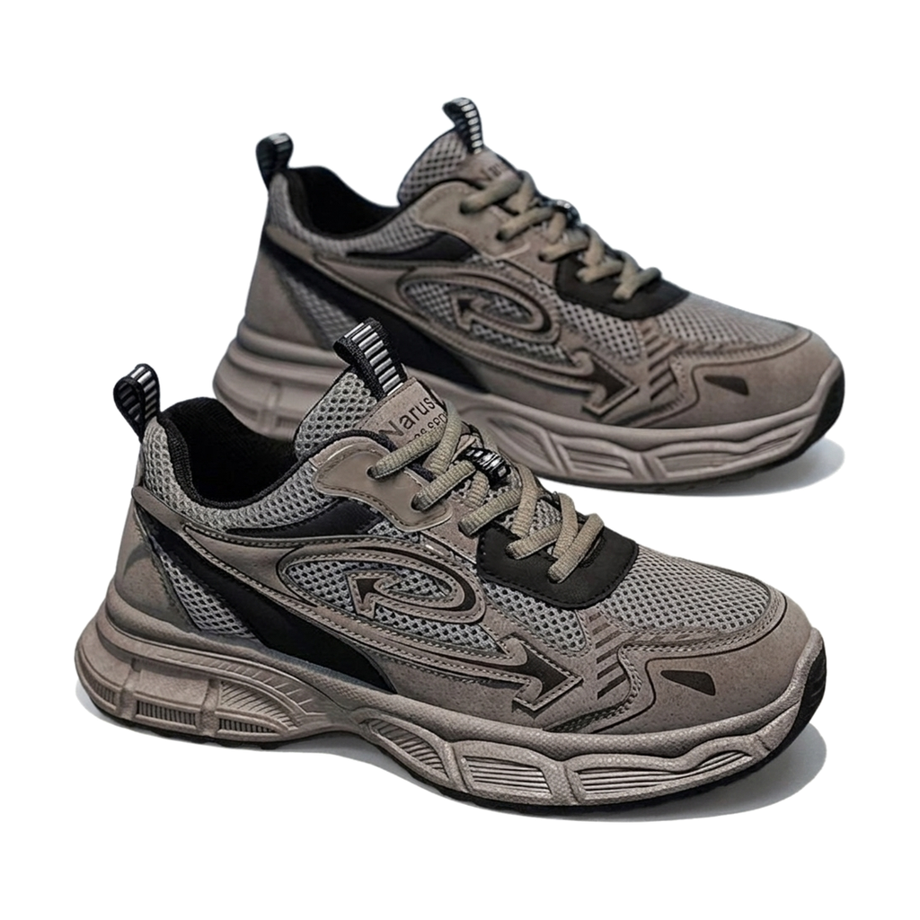 Men's Gray, Olive and Black Mesh Platform Outdoor Walking Sneakers - studio white background
