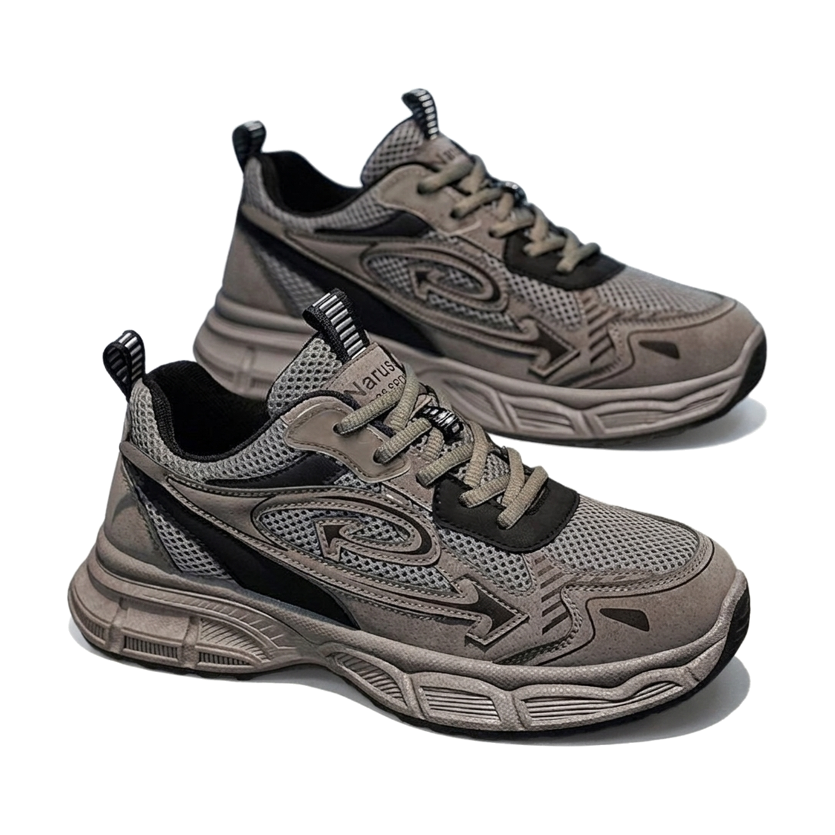 Men's Gray, Olive and Black Mesh Platform Outdoor Walking Sneakers - studio white background