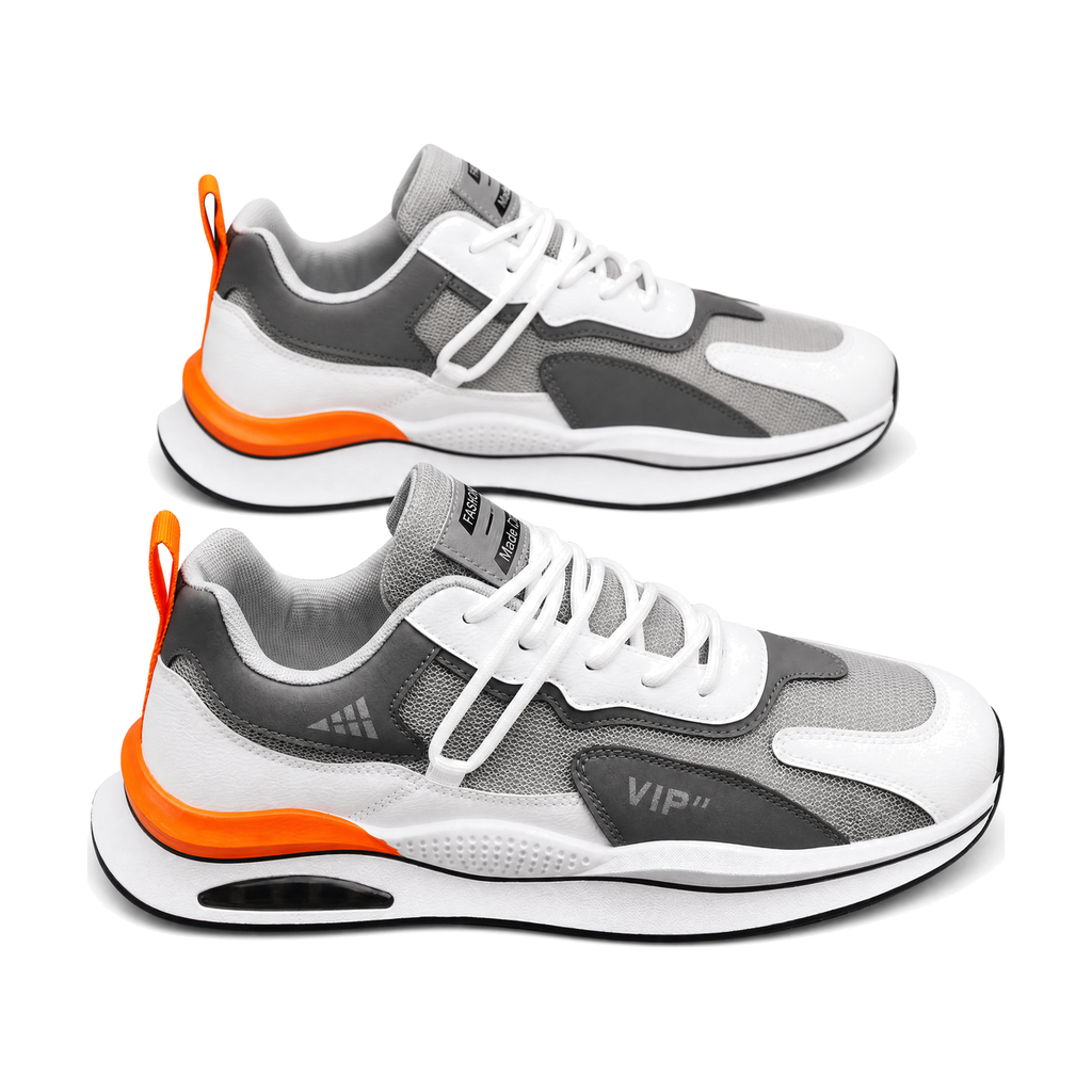 Men's Gray White and Orange Running Sneakers - studio white background