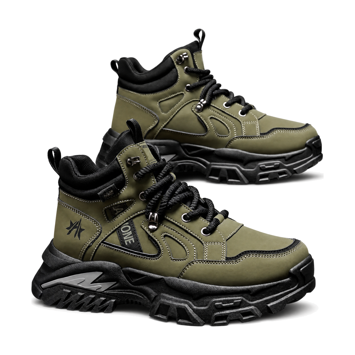 Men's Olive and Black Rugged Outdoor Sneakers - studio white background