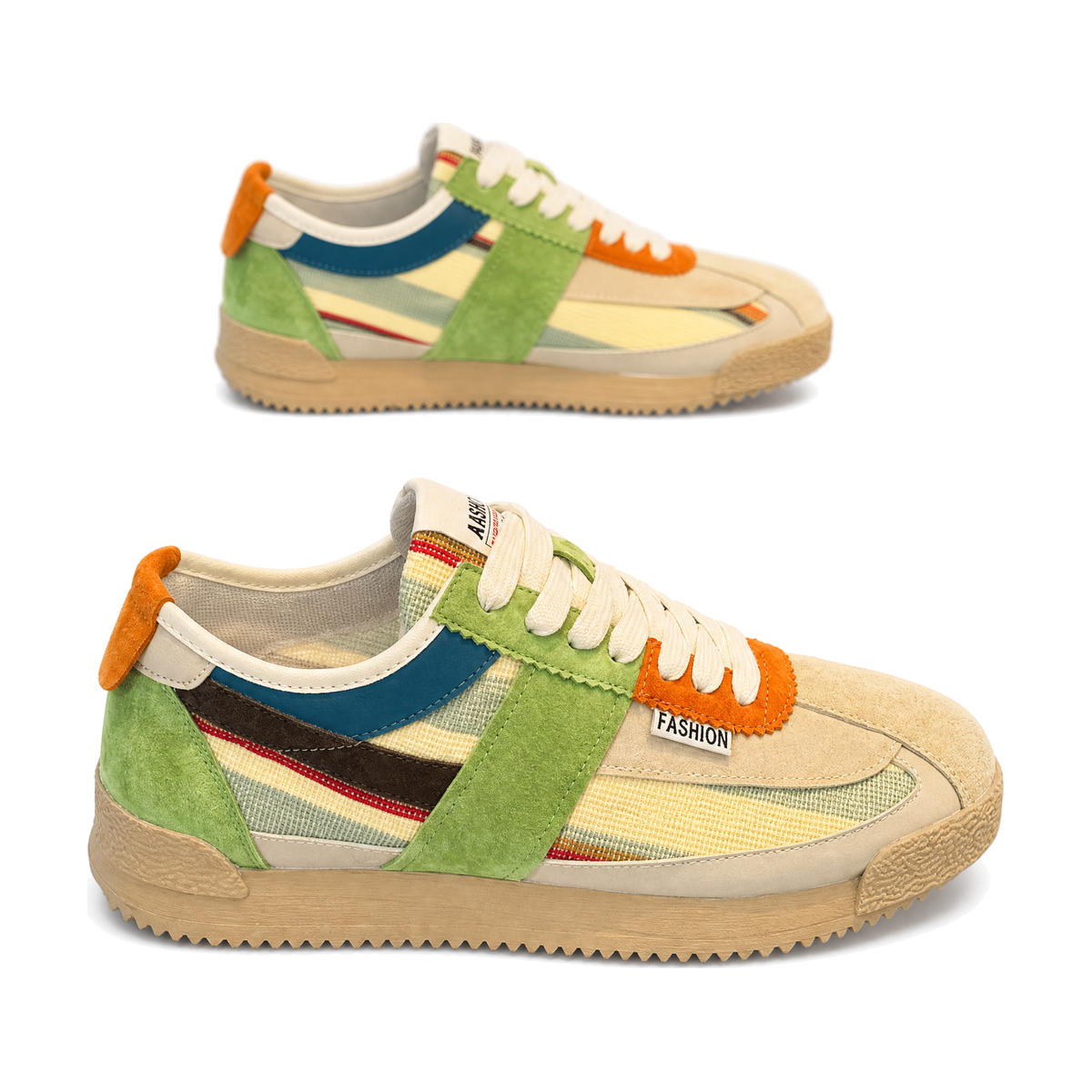 Men's Olive, Sage Green and Tan Platform Casual Sneakers - studio white background