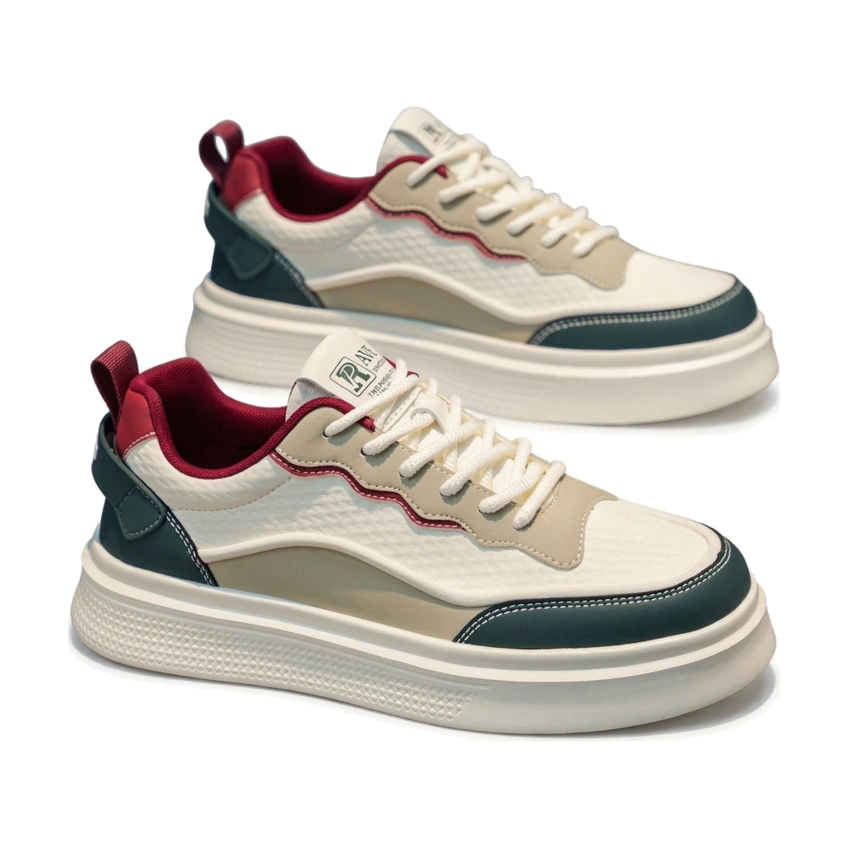 Men's Silver, Beige and Cream Retro Trainer Sneakers - studio white background