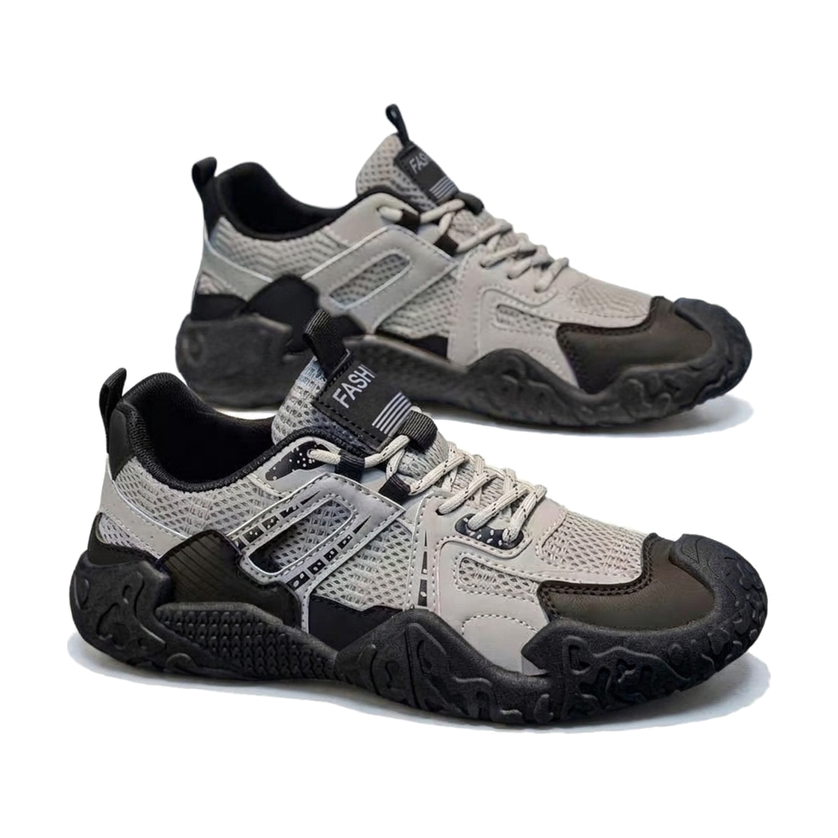 Men's Silver, Black and Navy Mesh Outdoor Walking Sneakers - studio white background