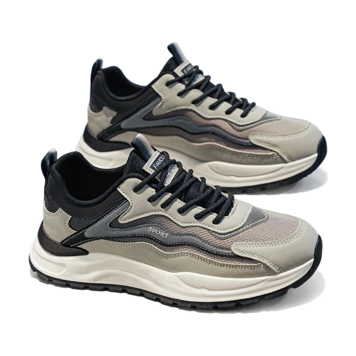 Men's Silver, Black and Navy Mesh Platform Running Sneakers - studio white background