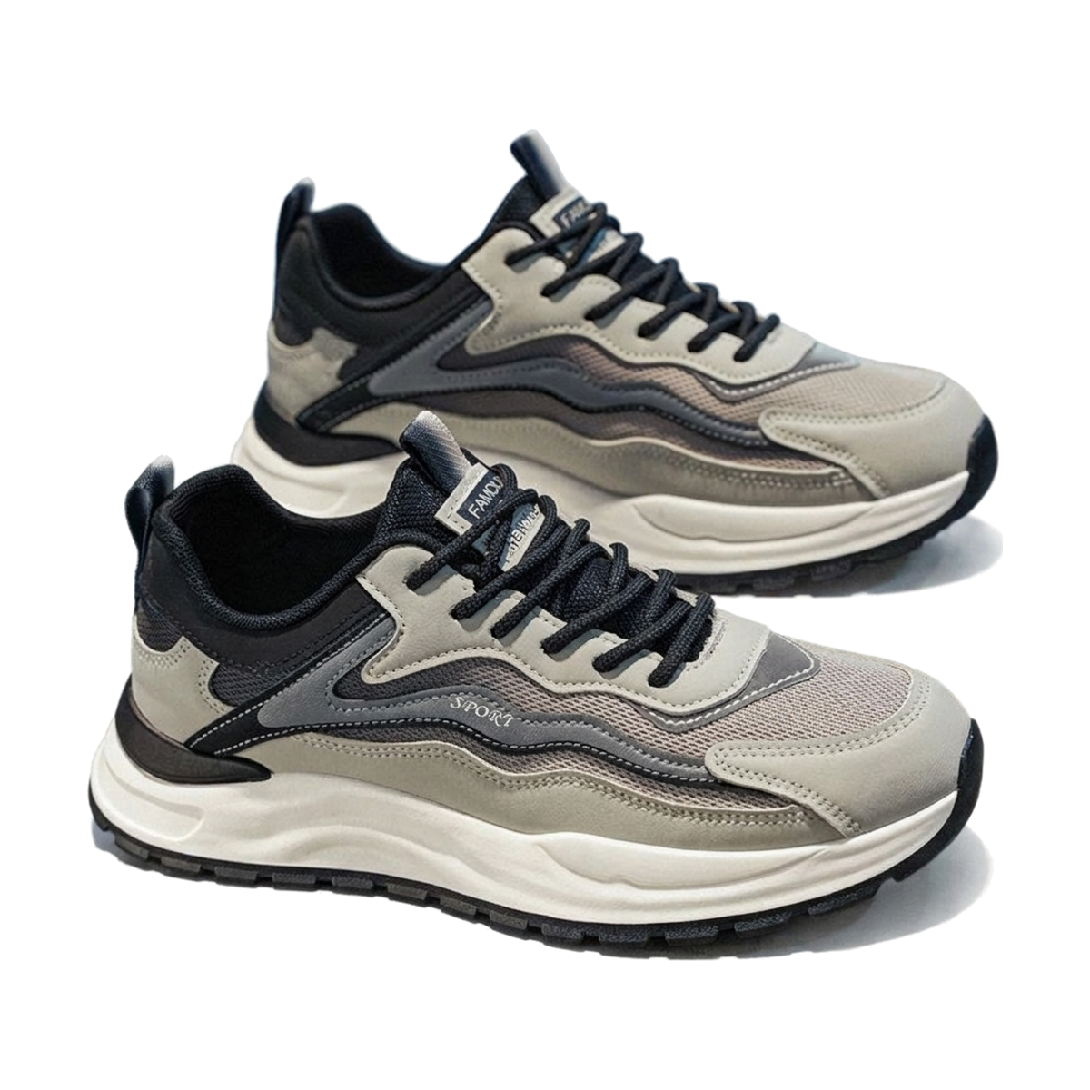 Men's Silver, Black and Navy Mesh Platform Running Sneakers - studio white background