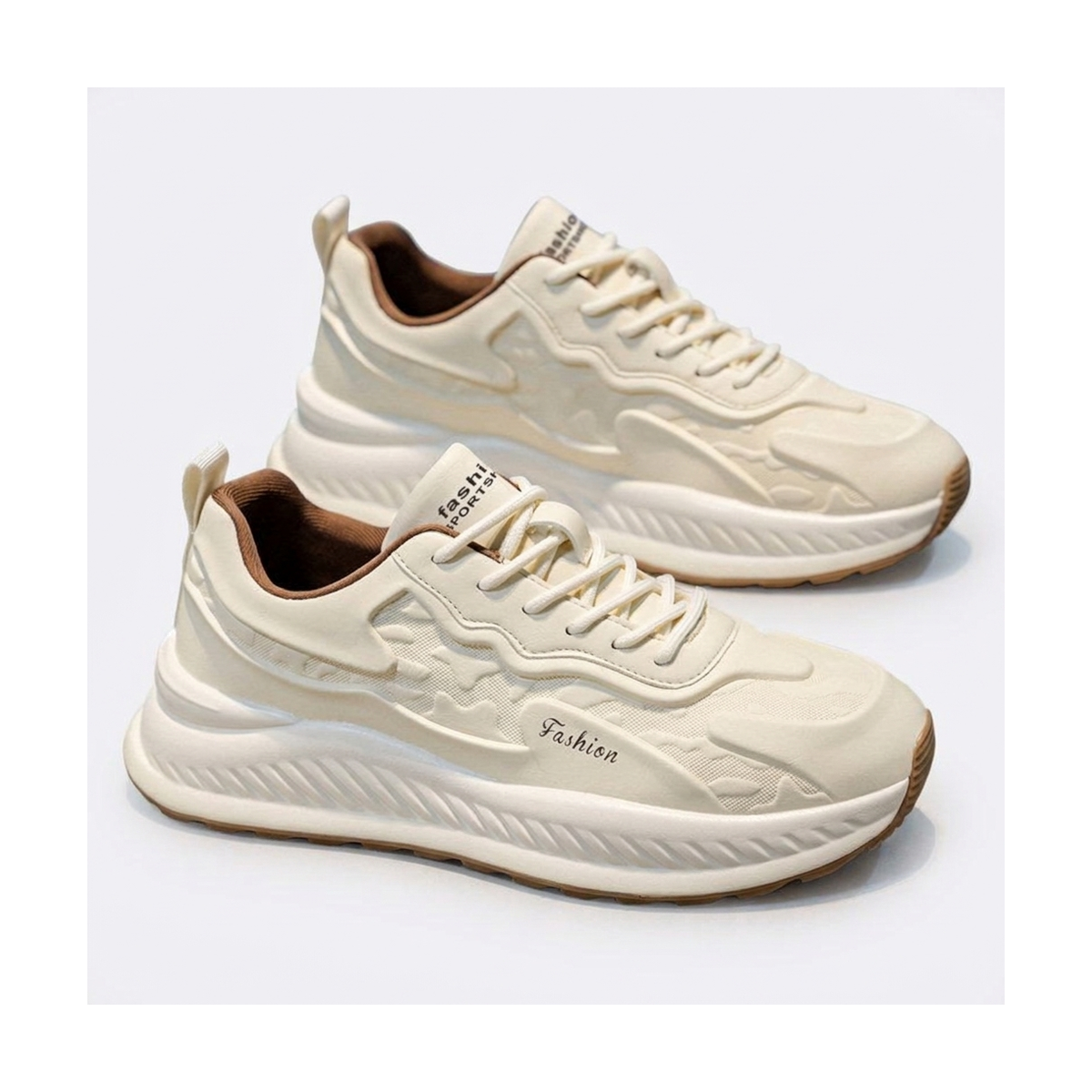 Men's Silver, Cream and Beige Platform Running Sneakers - studio white background