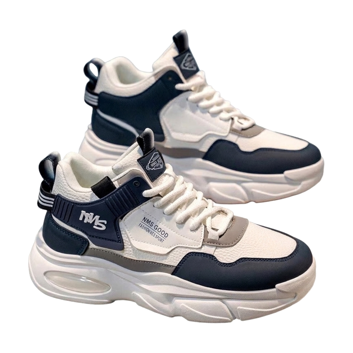 Men's Silver, Cream and Black Platform High-Top Sneakers - studio white background