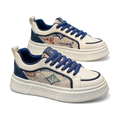 Men's Silver, Cream and Gray Platform Retro Trainer Sneakers - studio white background