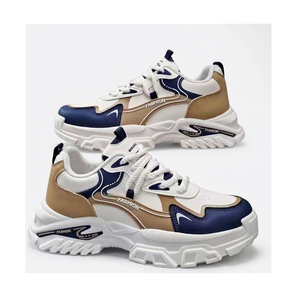 Men's Silver, Cream and Navy Platform Running Sneakers - studio white background