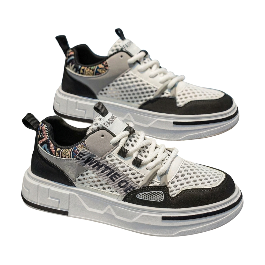 Men's Silver, Gray and Black Mesh Retro Trainer Sneakers - studio white background
