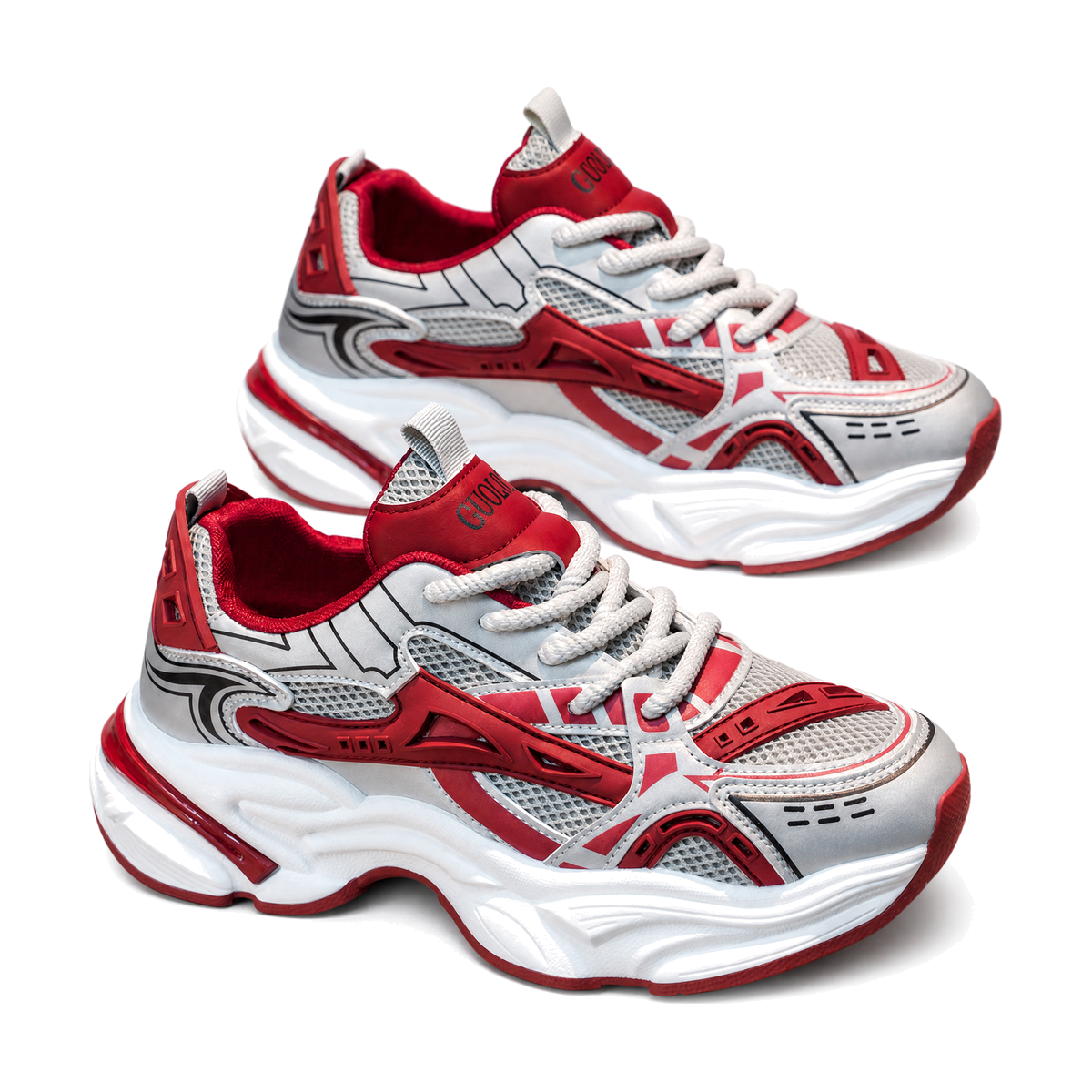 Men's Silver, Gray and Brown Mesh Running Sneakers - studio white background