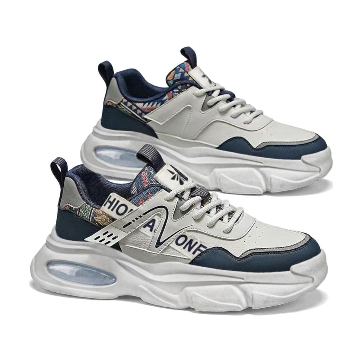 Men's Silver, Gray and Cream Platform Casual Sneakers - studio white background