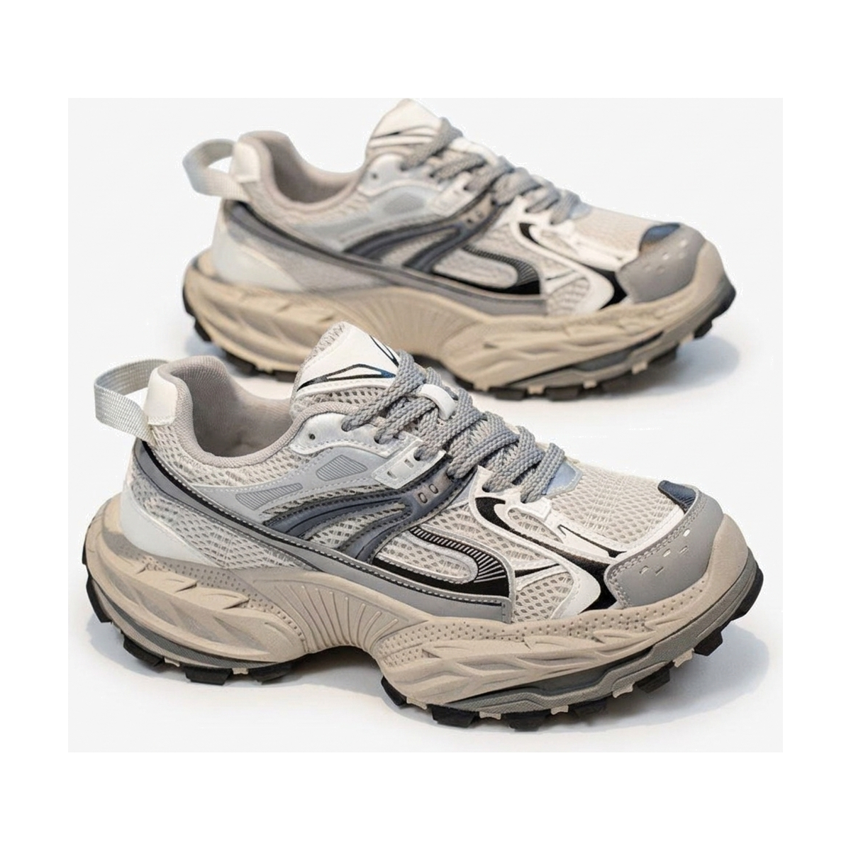 Men's Silver, Gray and Sage Green Mesh Platform Casual Sneakers - studio white background