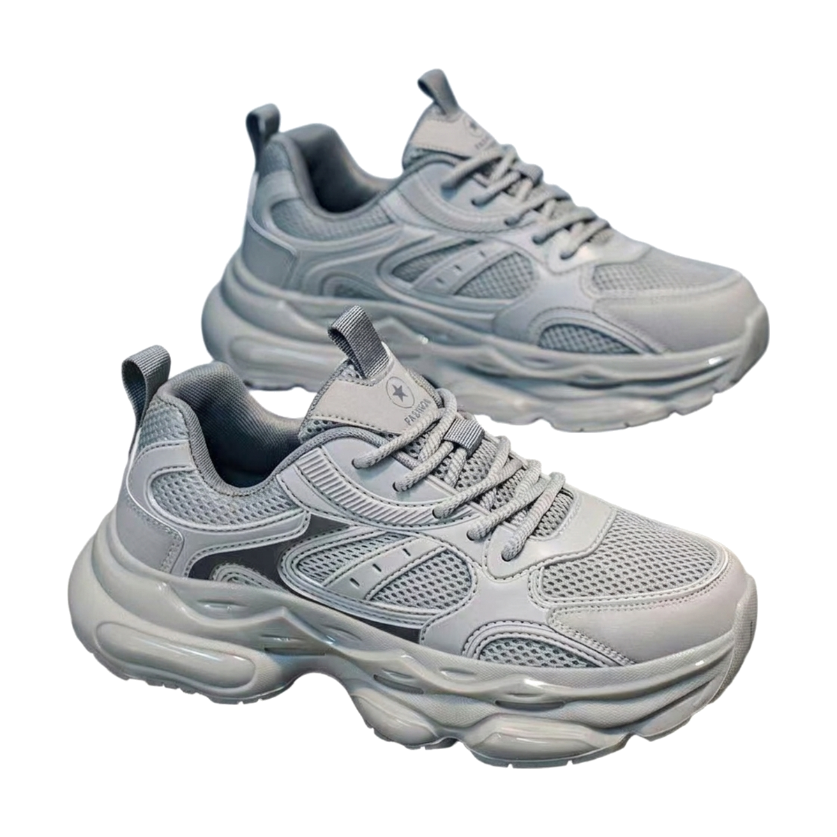 Men's Silver, Gray and Sage Green Mesh Platform Running Sneakers - studio white background