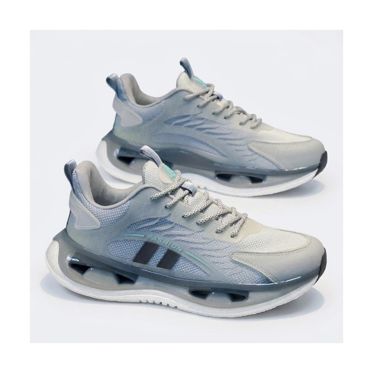 Men's Silver, Gray and Sage Green Platform Running Sneakers - studio white background