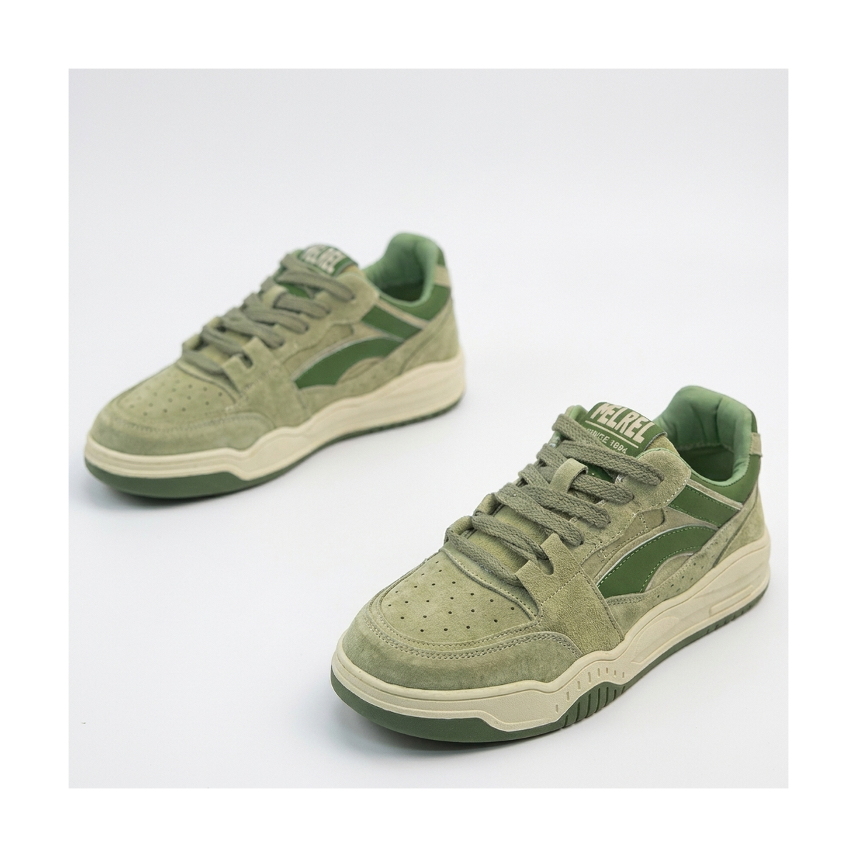 Men's Silver, Sage Green and Beige Platform Retro Retro Trainer Sneakers - studio white background