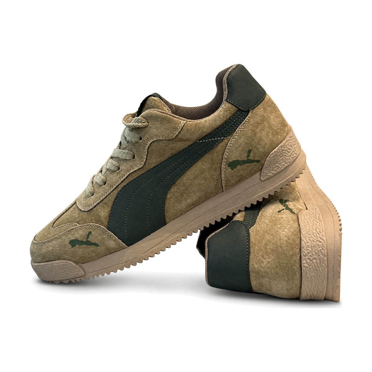 Men's Tan and Dark Green Retro Trainer Sneakers - studio white background