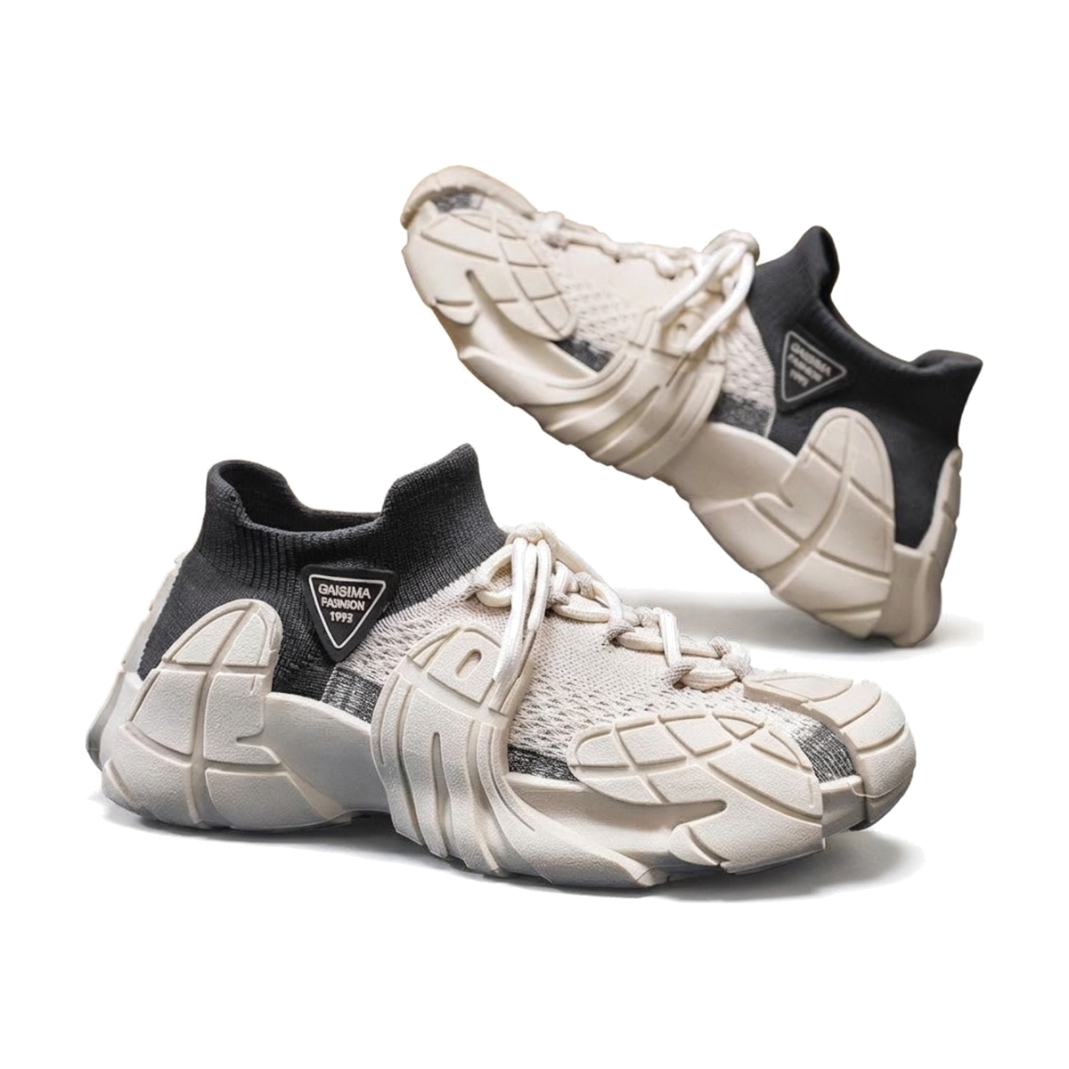 Men's Tan, Beige and Black Mesh Platform Casual Sneakers - studio white background