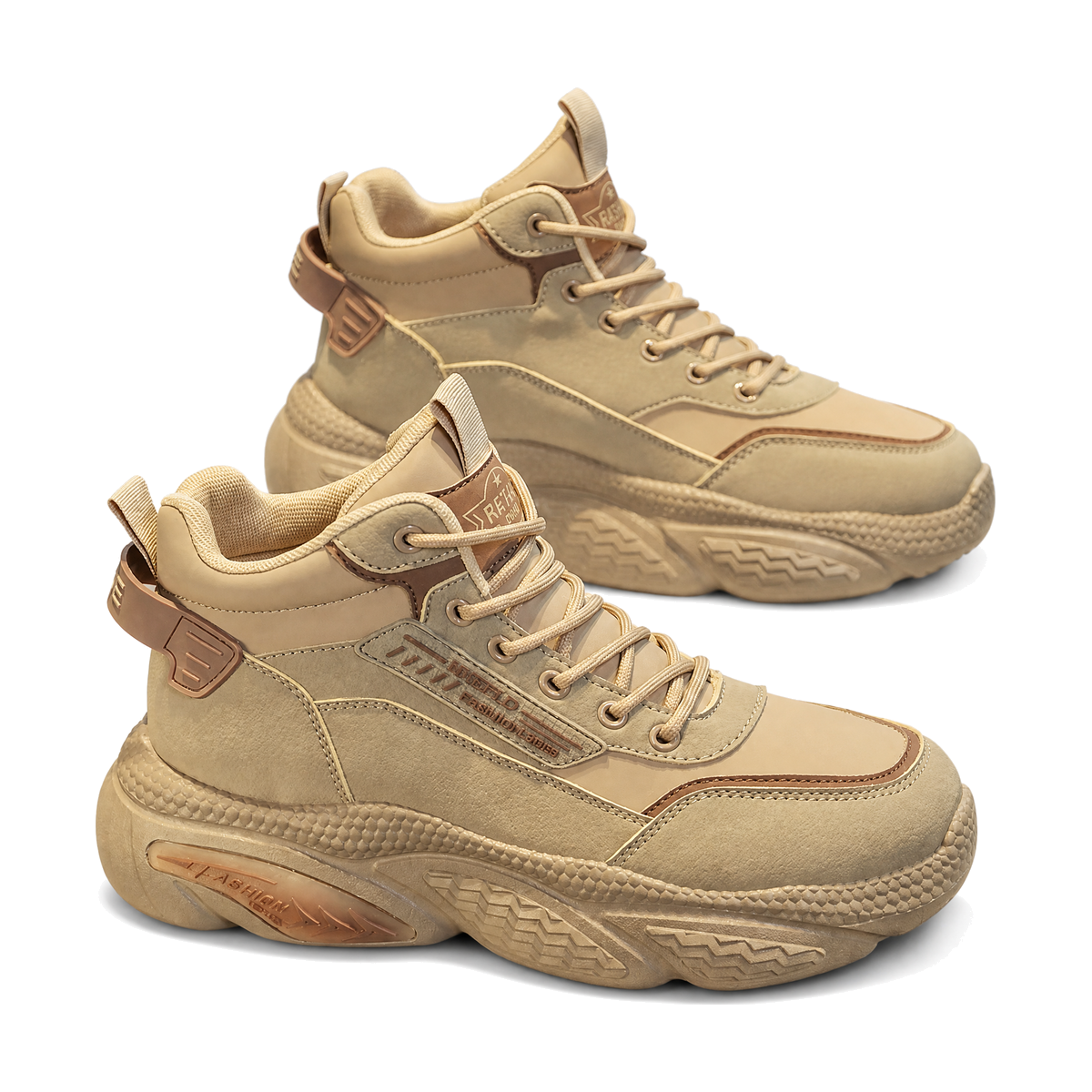Men's Tan, Silver and Beige Platform Outdoor Walking Sneakers - studio white background