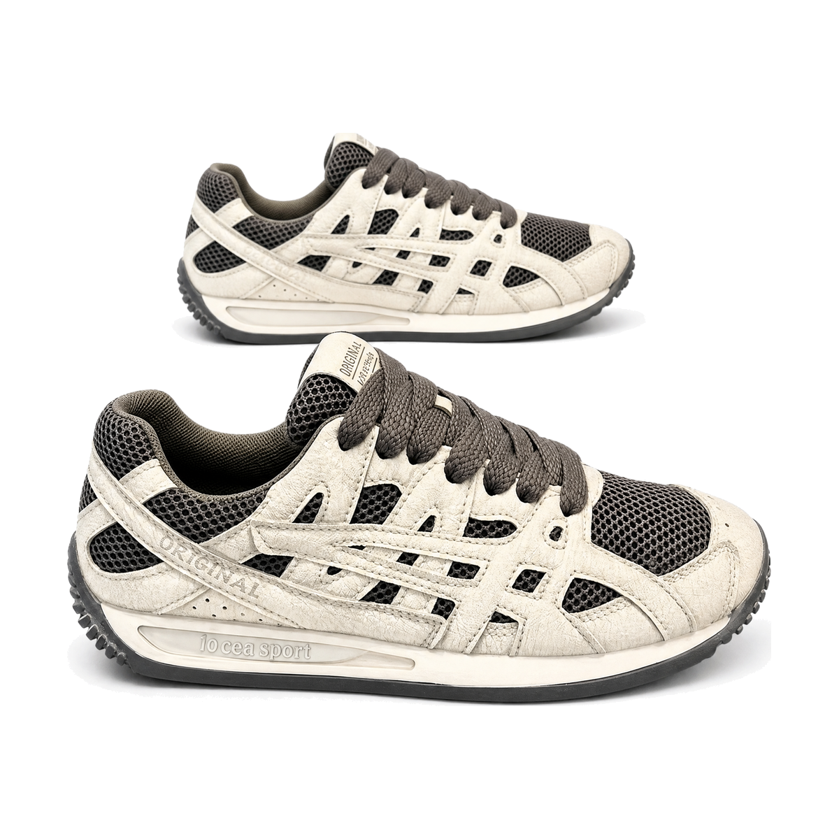 Men's White and Black Mesh Cage Running Sneakers - studio white background